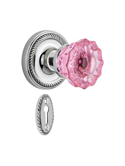 Rope Rosette Mortise Lock Set with Colored Fluted Crystal Glass Knobs Pink in Polished Chrome.